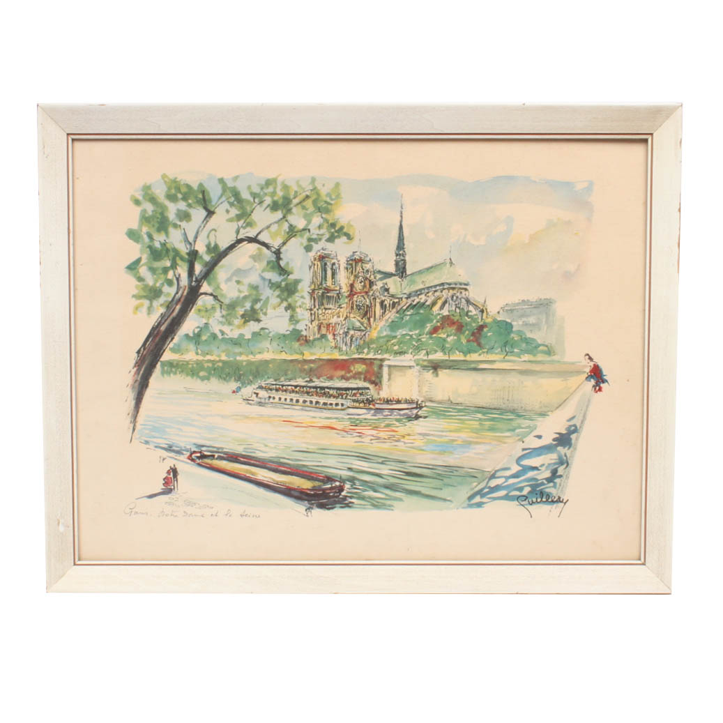 Puillery Original Watercolor "Notre Dame et la Seine"