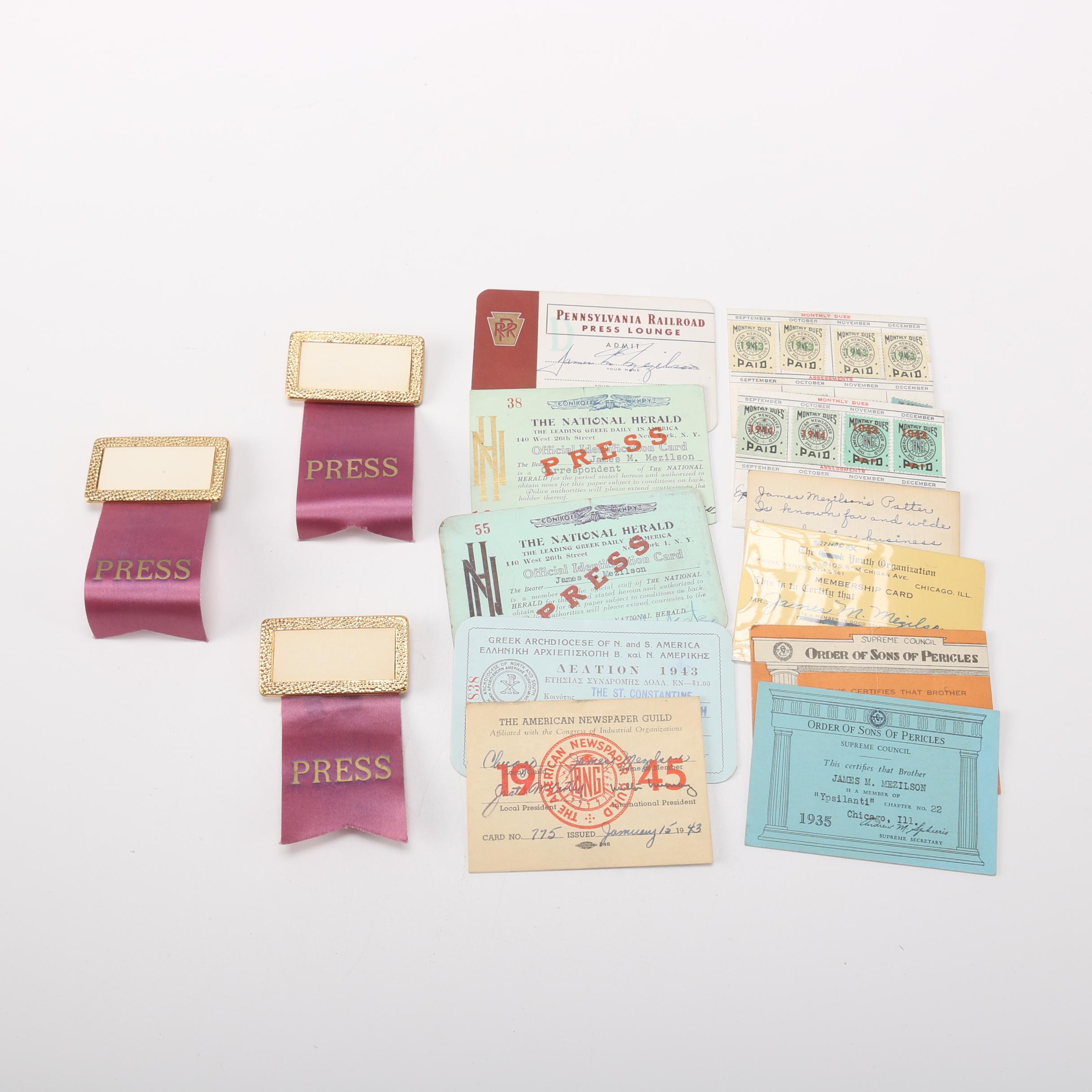 Press Passes From Various States and Pins