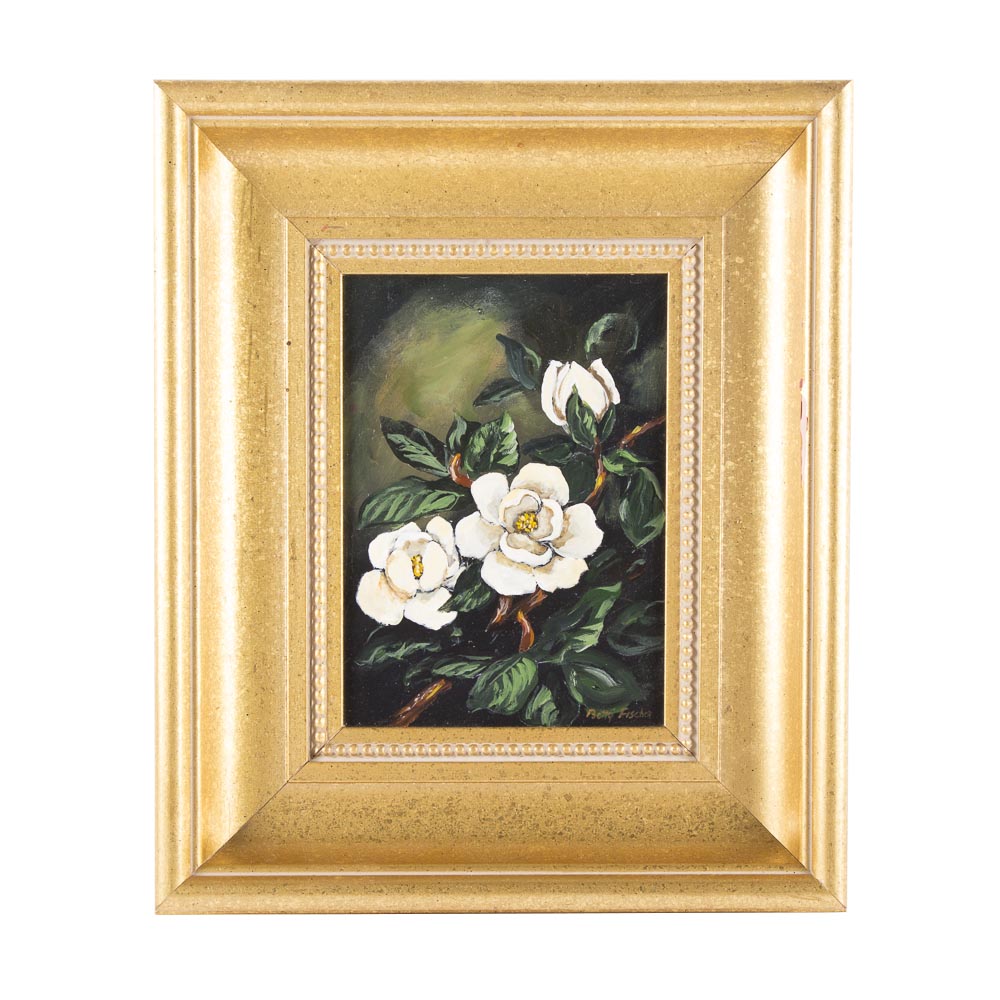 Betty Fischer Oil On Board Still Life of Magnolia Blossoms
