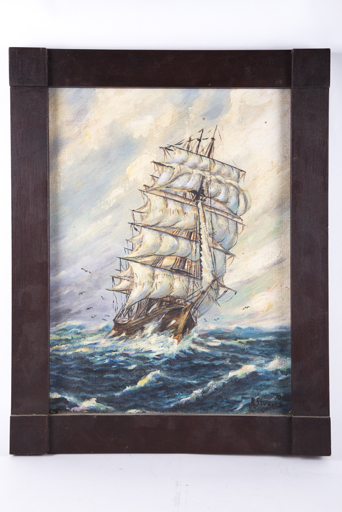 R. Sturges Oil On Board Painting Depicting Three Masted Ship
