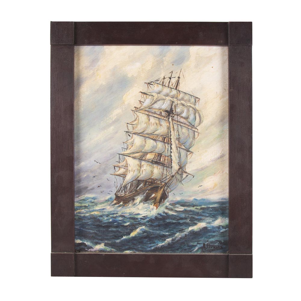 R. Sturges Oil On Board Painting Depicting Three Masted Ship