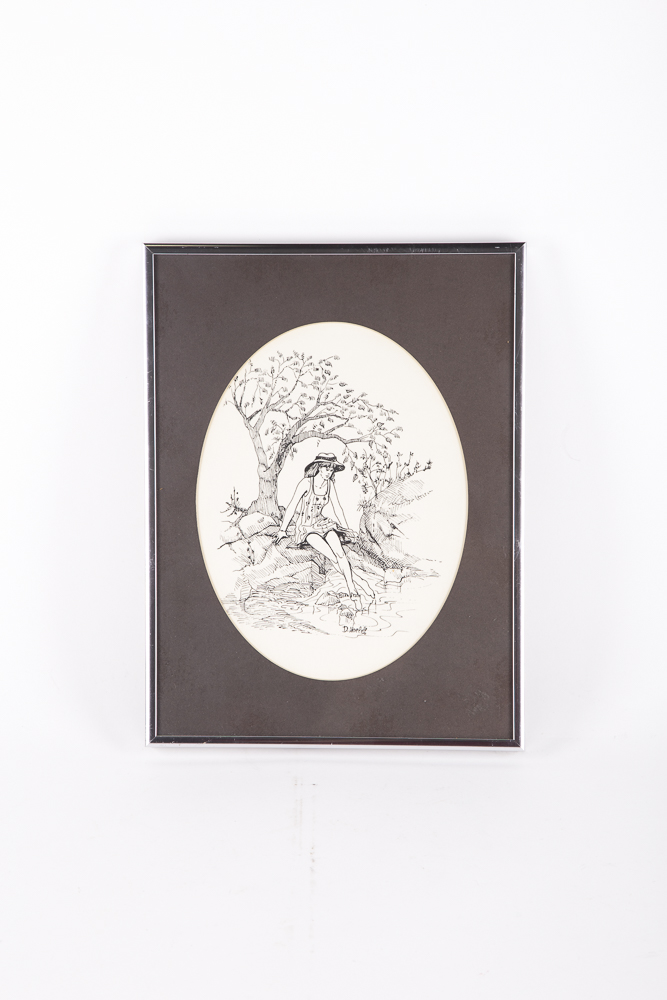 D. Abeloff Drawing of Young Woman Sitting Under A Tree At The Shoreline