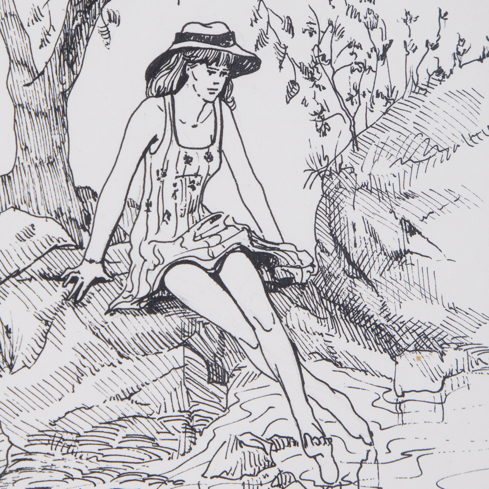 D. Abeloff Drawing of Young Woman Sitting Under A Tree At The Shoreline