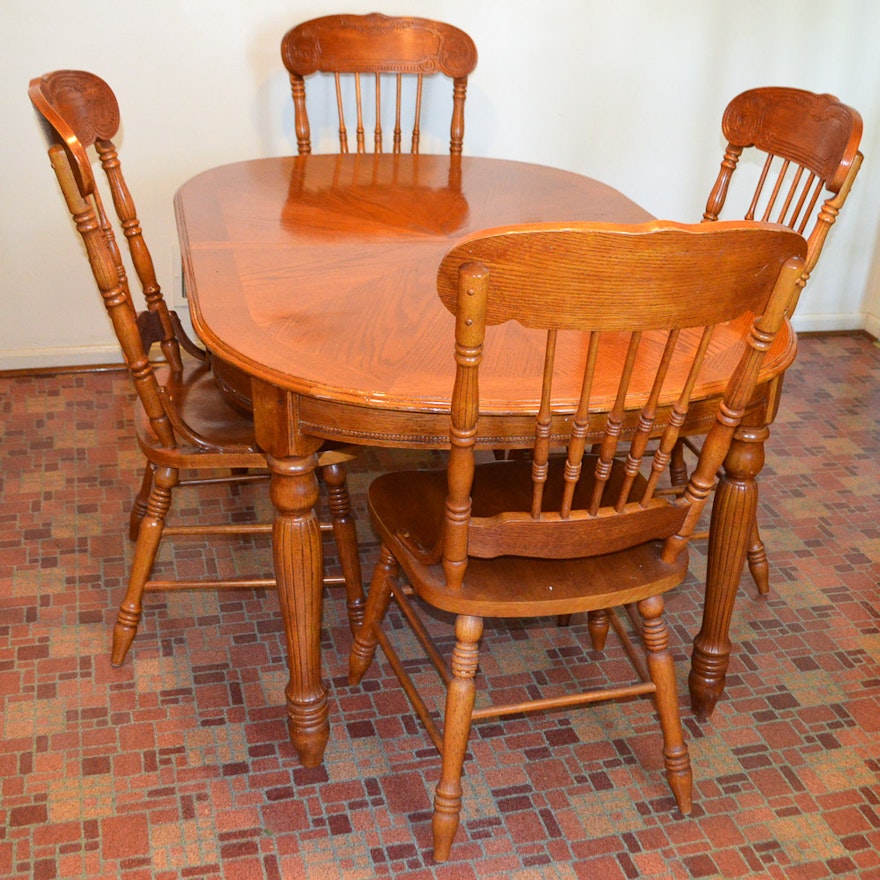 Contemporary Oak Dining Table and Six Pressed Back Chairs