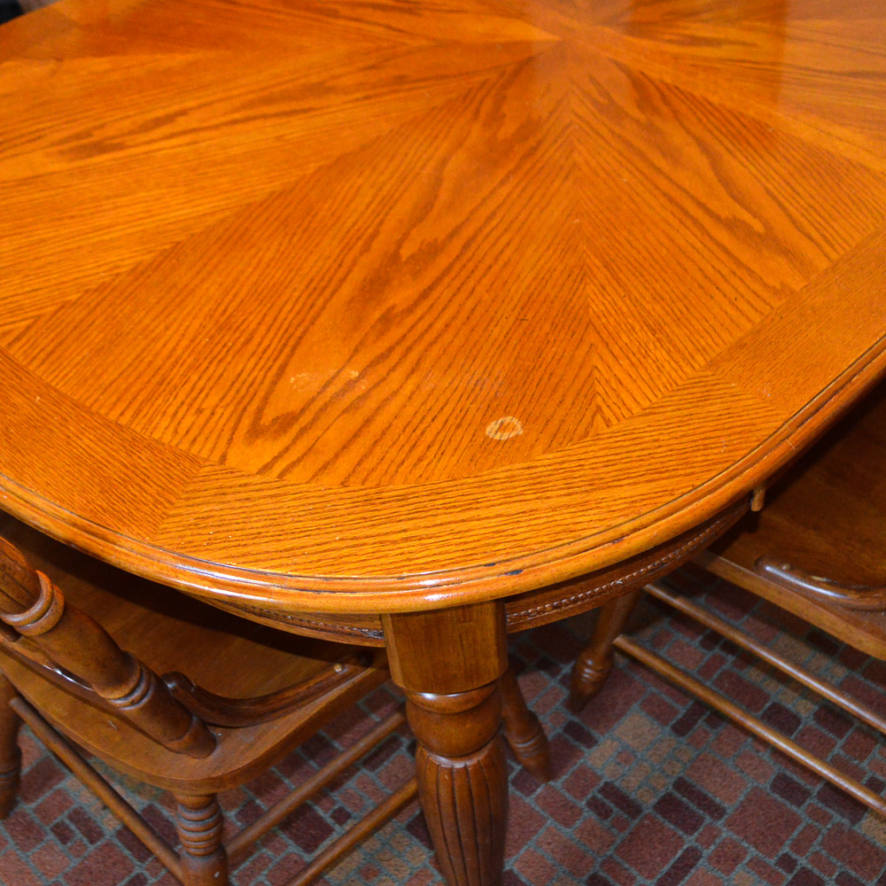 Contemporary Oak Dining Table and Six Pressed Back Chairs