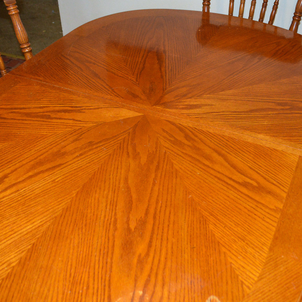 Contemporary Oak Dining Table and Six Pressed Back Chairs
