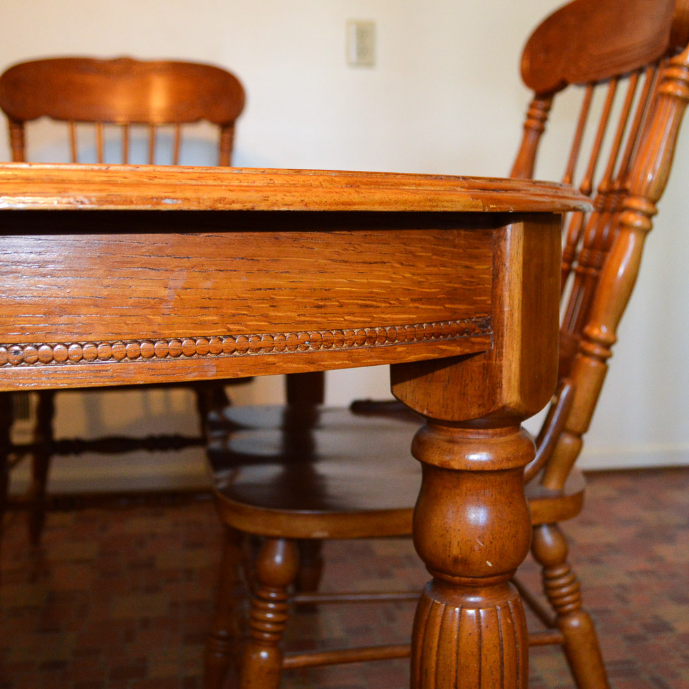 Contemporary Oak Dining Table and Six Pressed Back Chairs