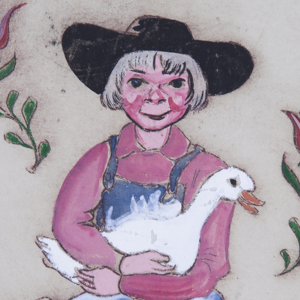 Painted Etching of Boy With White Goose