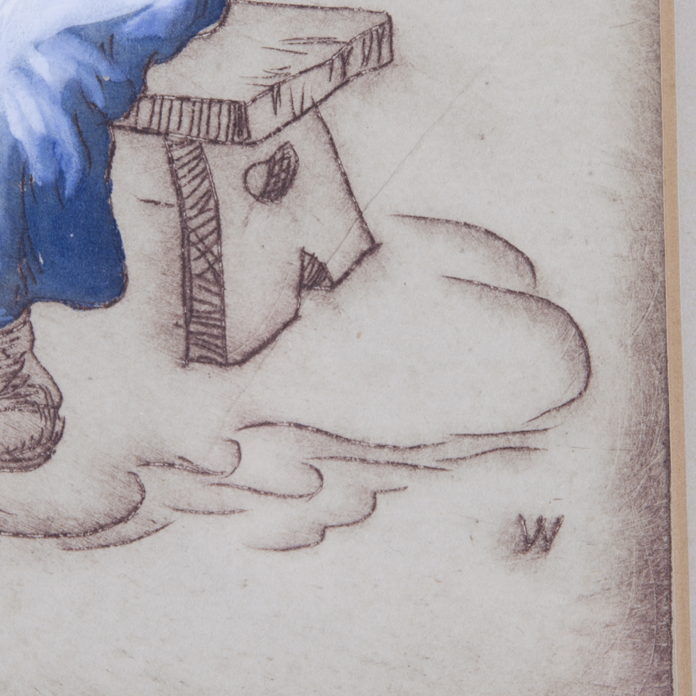 Painted Etching of Boy With White Goose