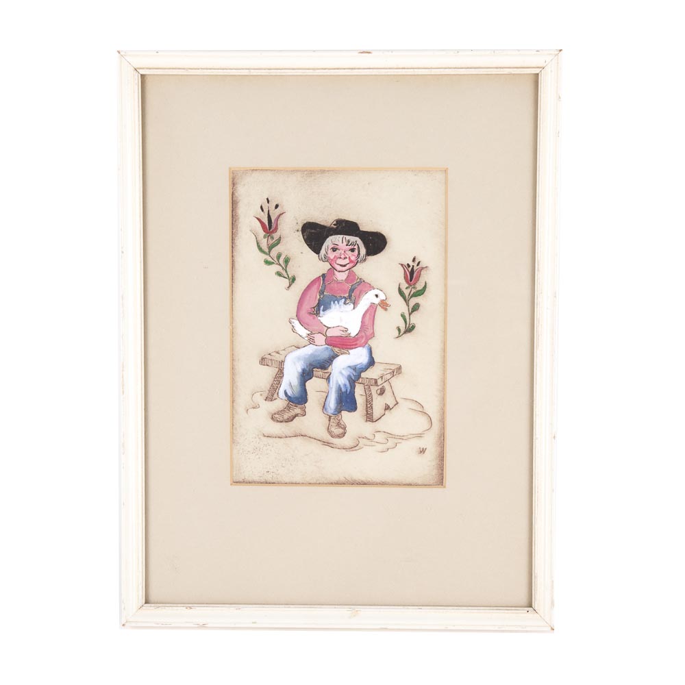 Painted Etching of Boy With White Goose