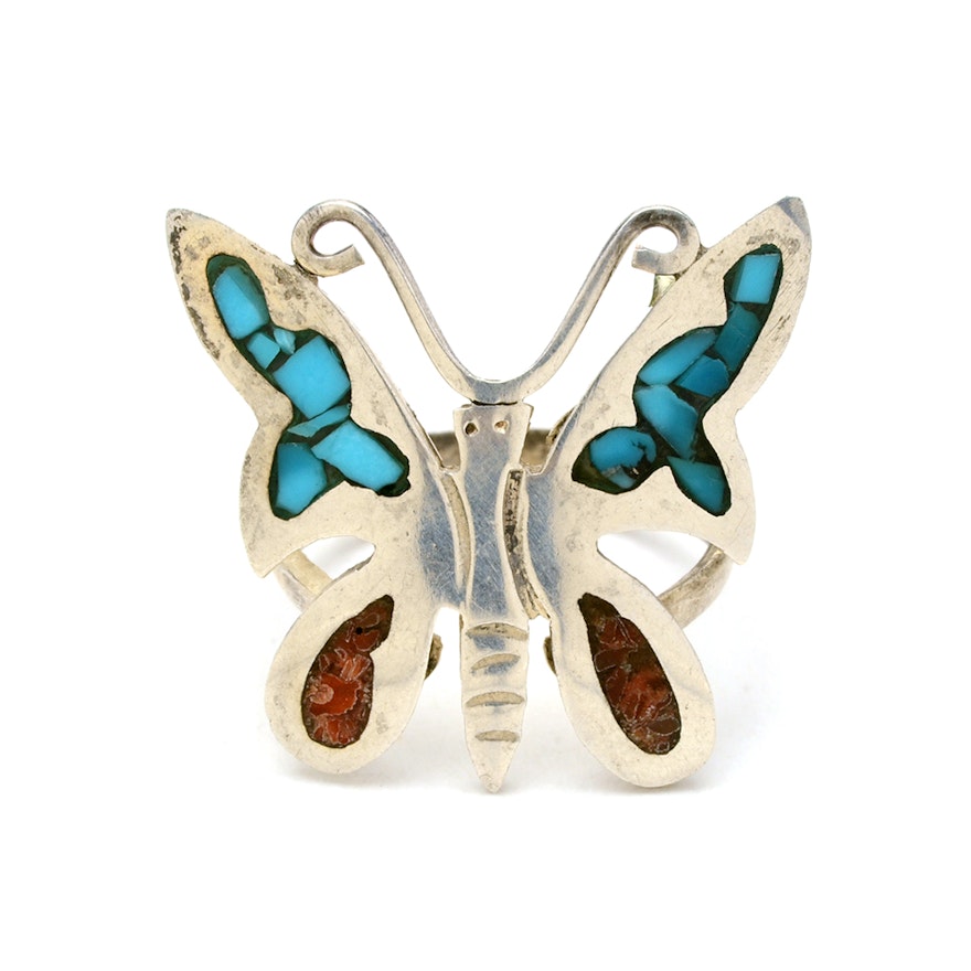 Sterling Silver Turquoise and Coral Butterfly Ring