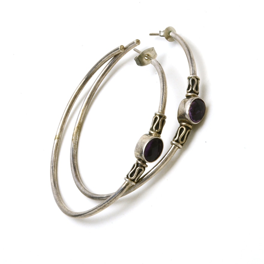 Sterling Silver and Amethyst Hoop Pierced Earrings