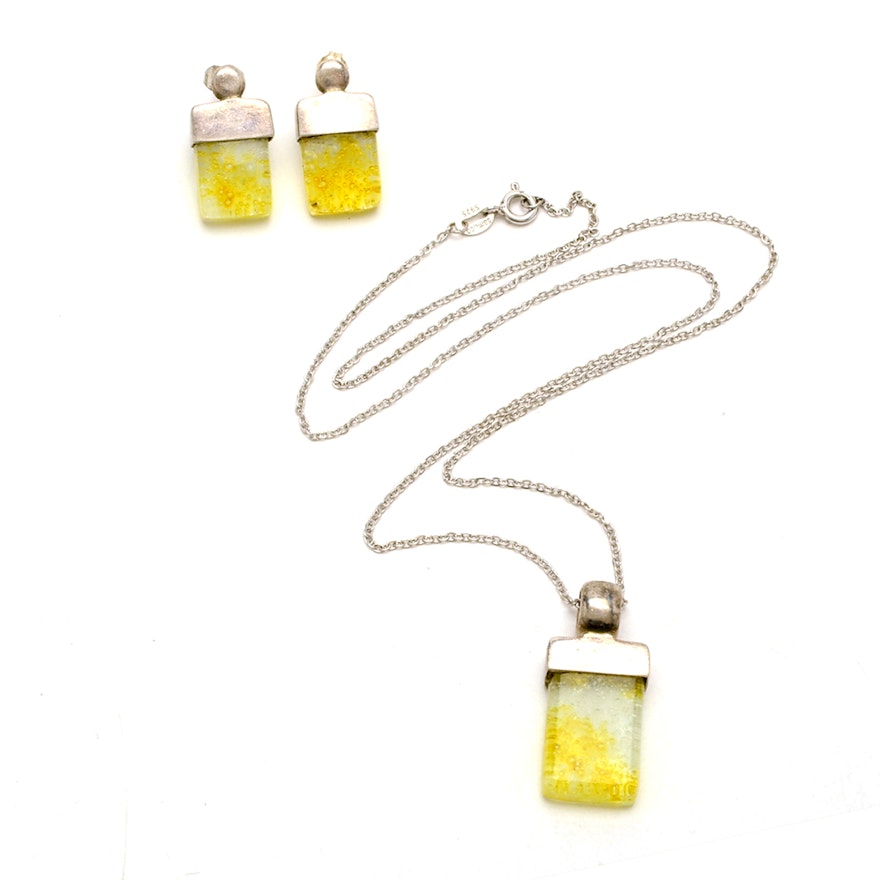 Sterling Silver Yellow Polished Glass Earring and Pendant Set