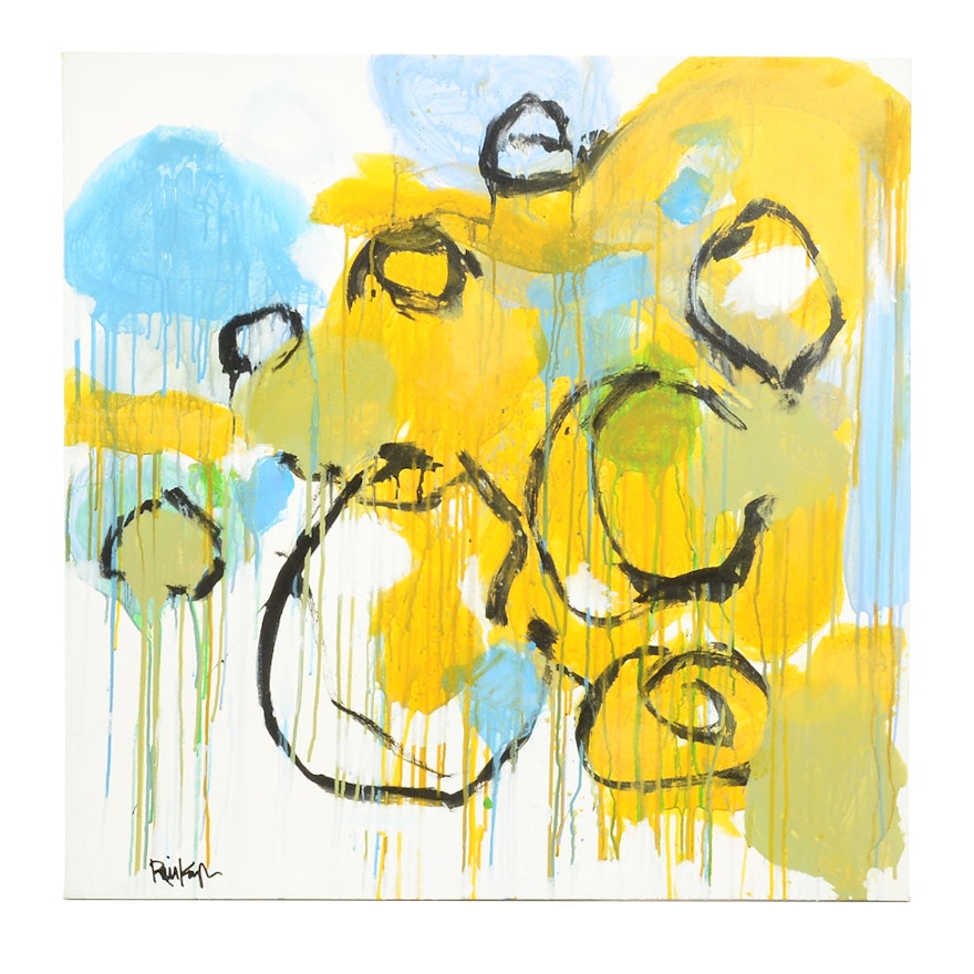 Robbie Kemper Original Abstract Acrylic on Canvas "Blue Yellow Green Black Circles"