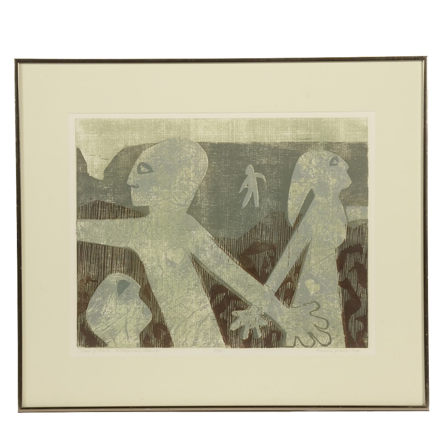 Barbara Young Signed Limited Edition Block Relief Print "Game of Hearts - Contemporary Family"