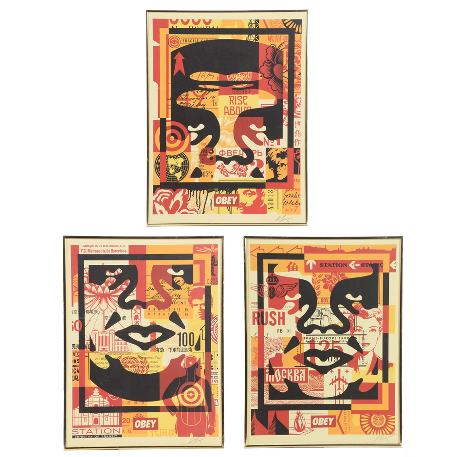 Shepard Fairey "Obey 3 Face Collage" Signed Giclee on Paper Triptych