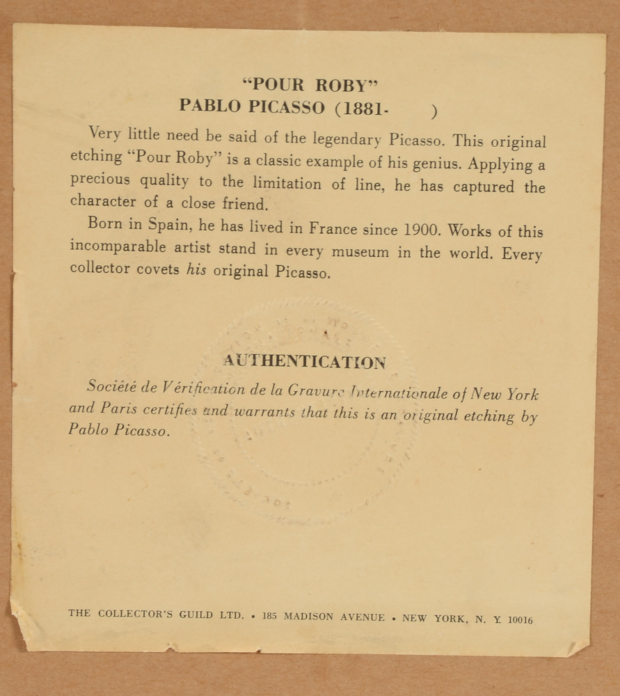 After Pablo Picasso Etching "Pour Roby"