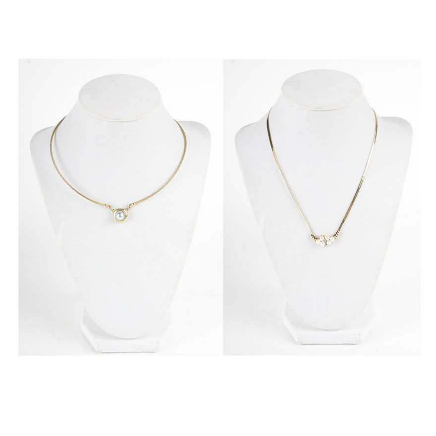 Two 14K Yellow Gold Pearl and Diamond Necklaces