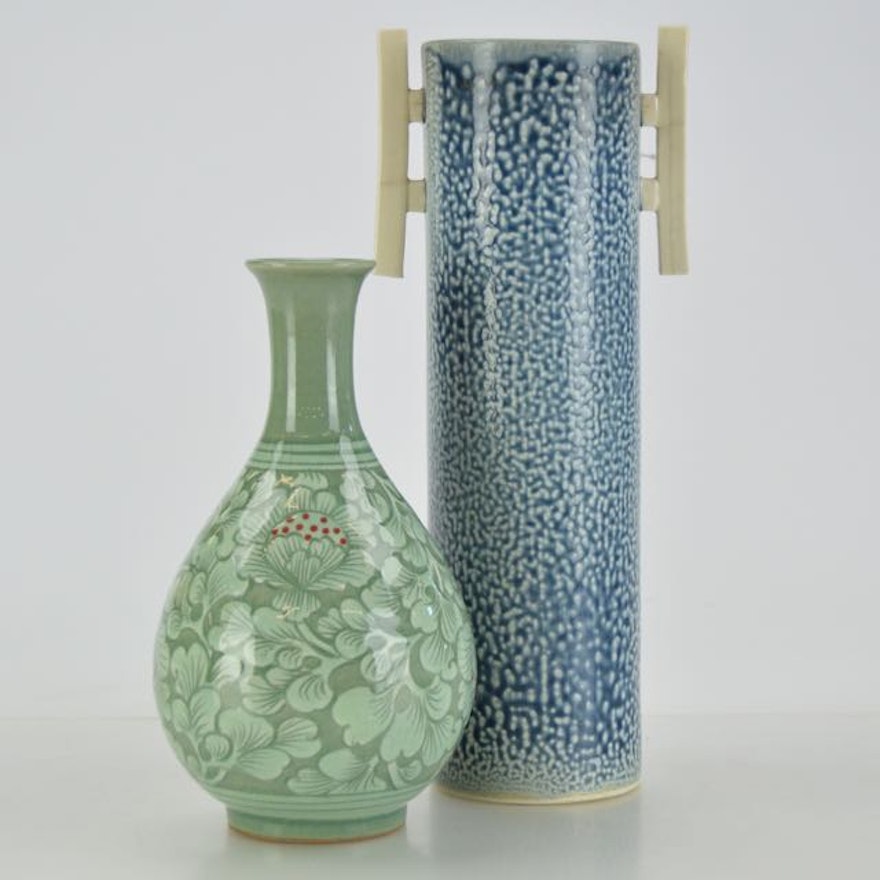 A Korean Celadon Vase and Asian Inspired Cylindrical Vessel