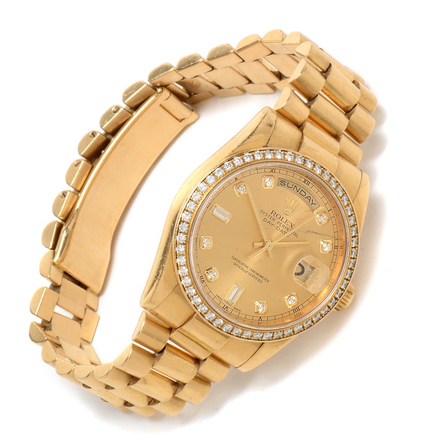 Rolex 18K Yellow Gold Diamond Day-Date President Wristwatch