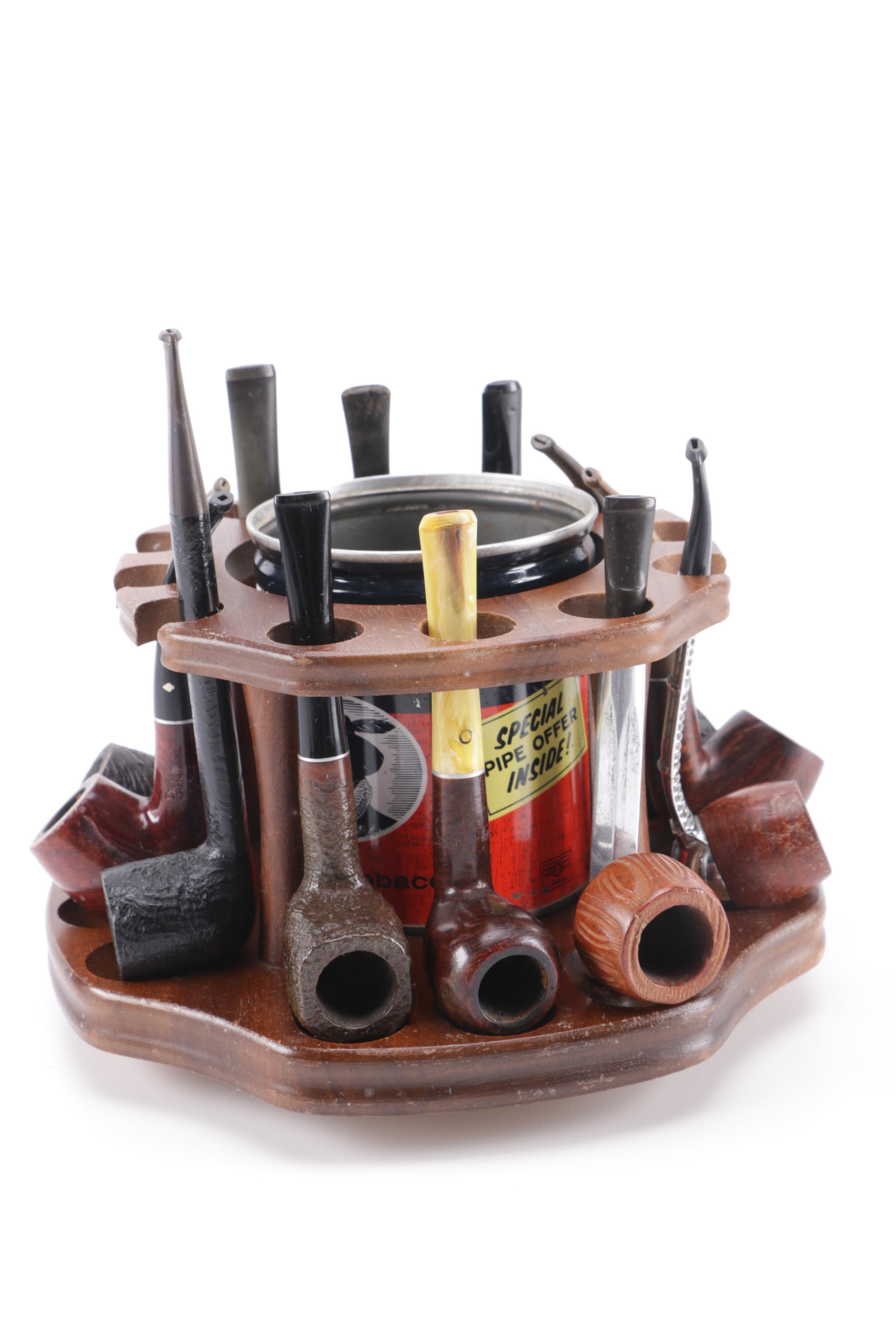 Rotating Pipe Stand w/ 12 Assorted Tobacco Pipes and Vintage Steel Tobacco Tin