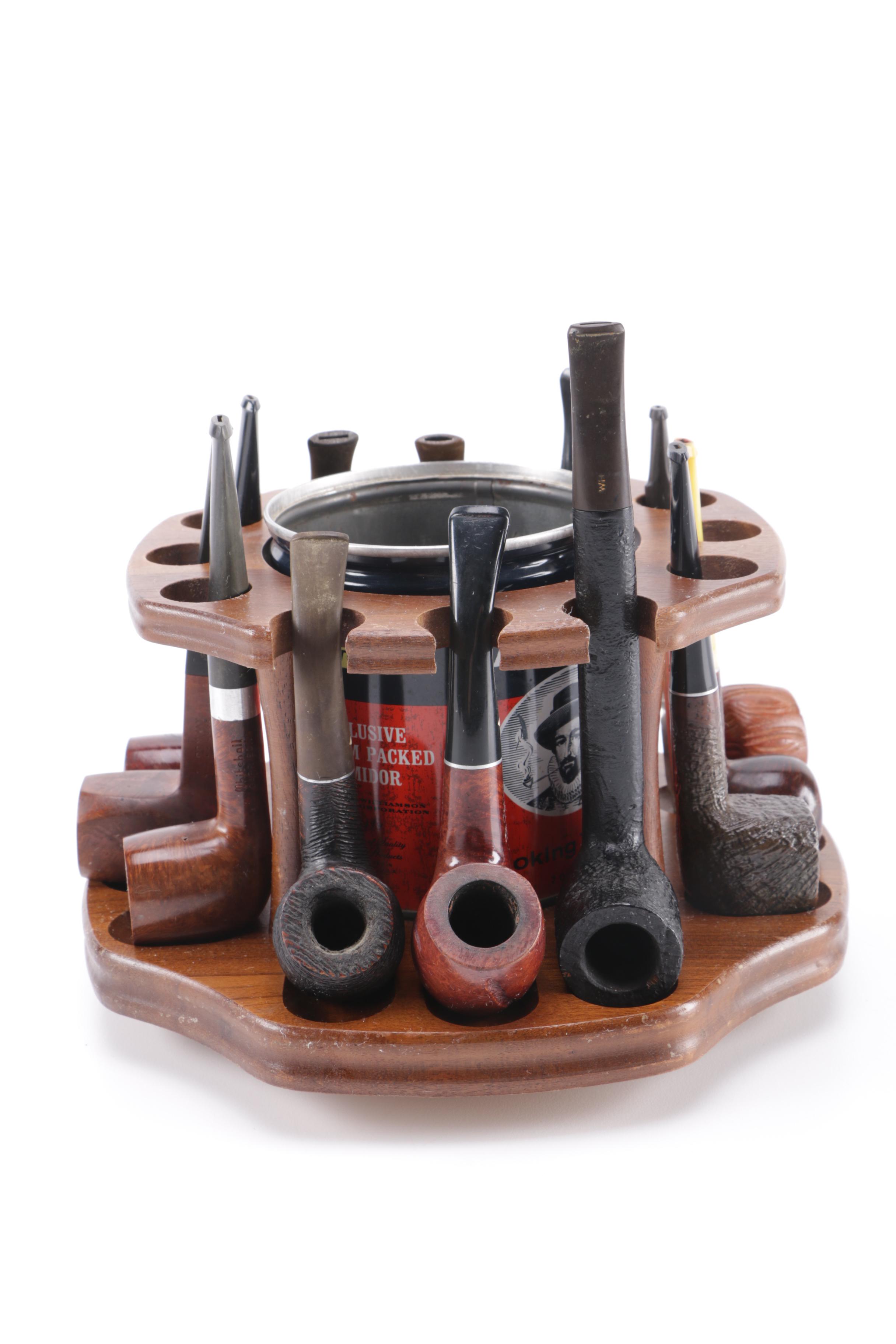 Rotating Pipe Stand w/ 12 Assorted Tobacco Pipes and Vintage Steel Tobacco Tin