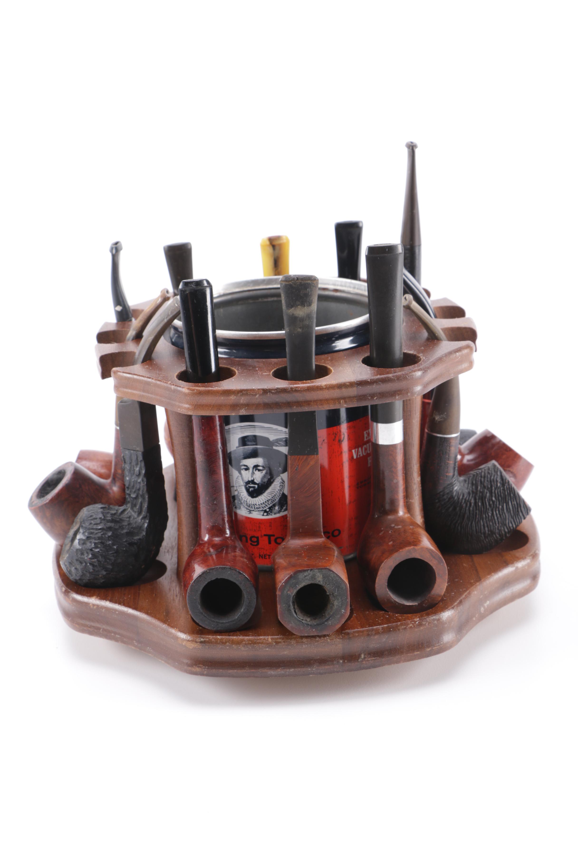 Rotating Pipe Stand w/ 12 Assorted Tobacco Pipes and Vintage Steel Tobacco Tin