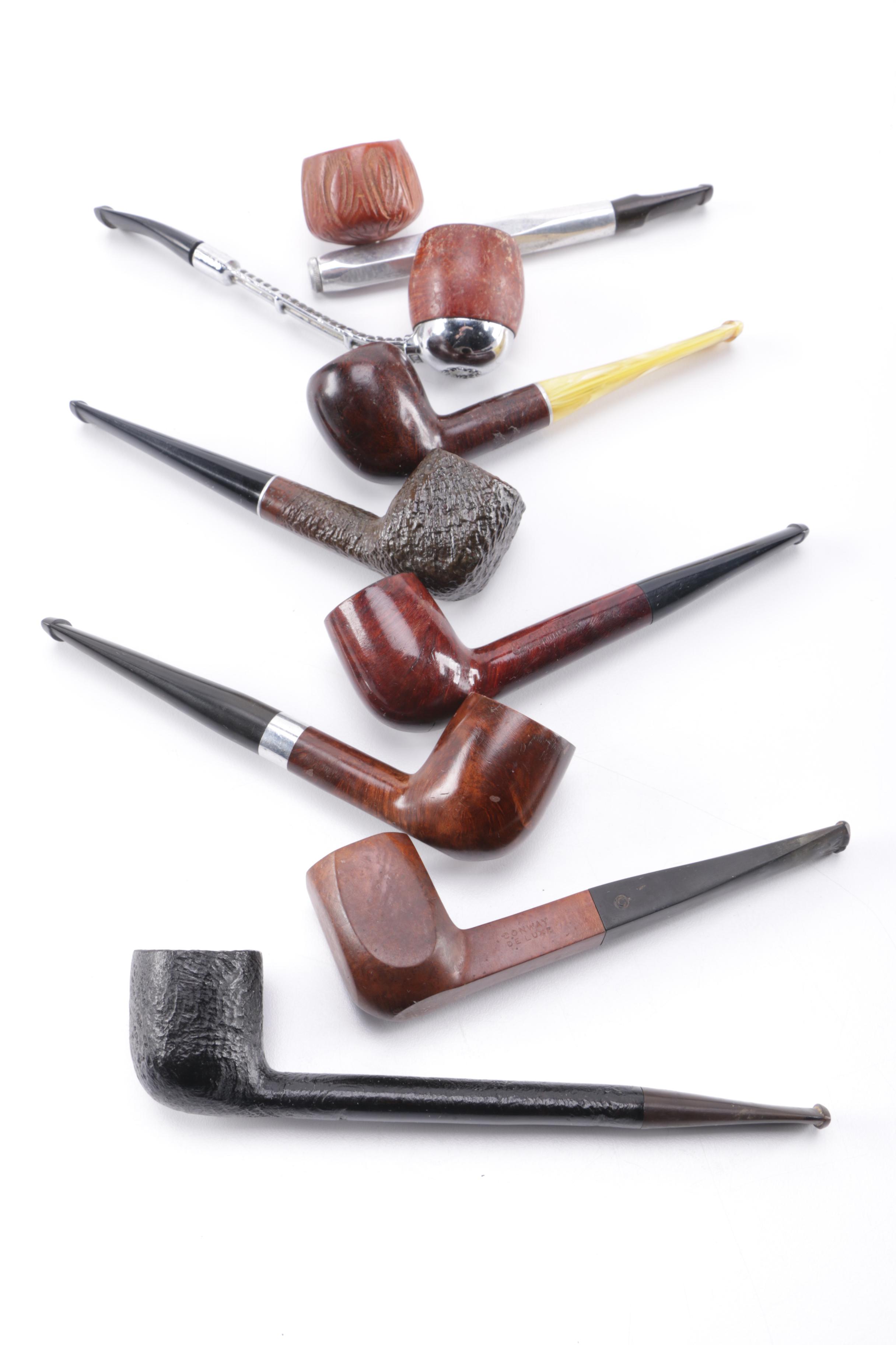 Rotating Pipe Stand w/ 12 Assorted Tobacco Pipes and Vintage Steel Tobacco Tin