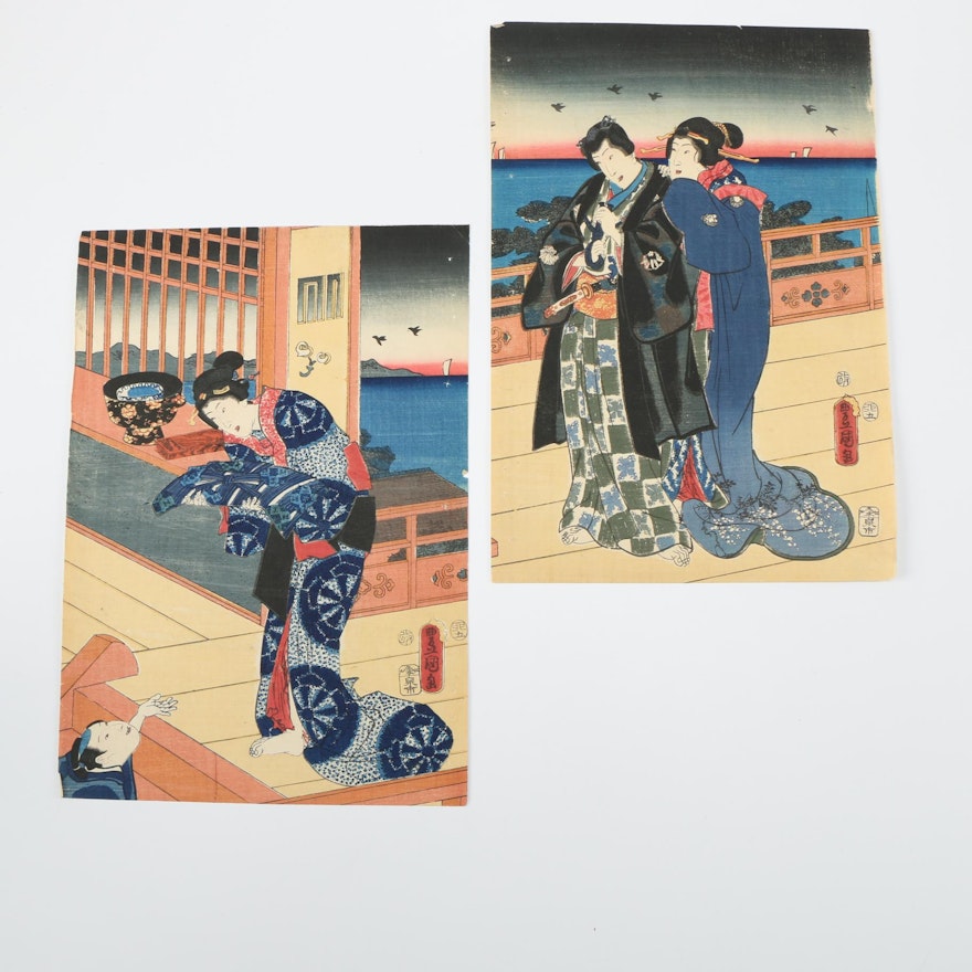 After Utagawa Kunisada Ukiyo-e Woodblock Prints "Dawn at the Villa in Naniwa"