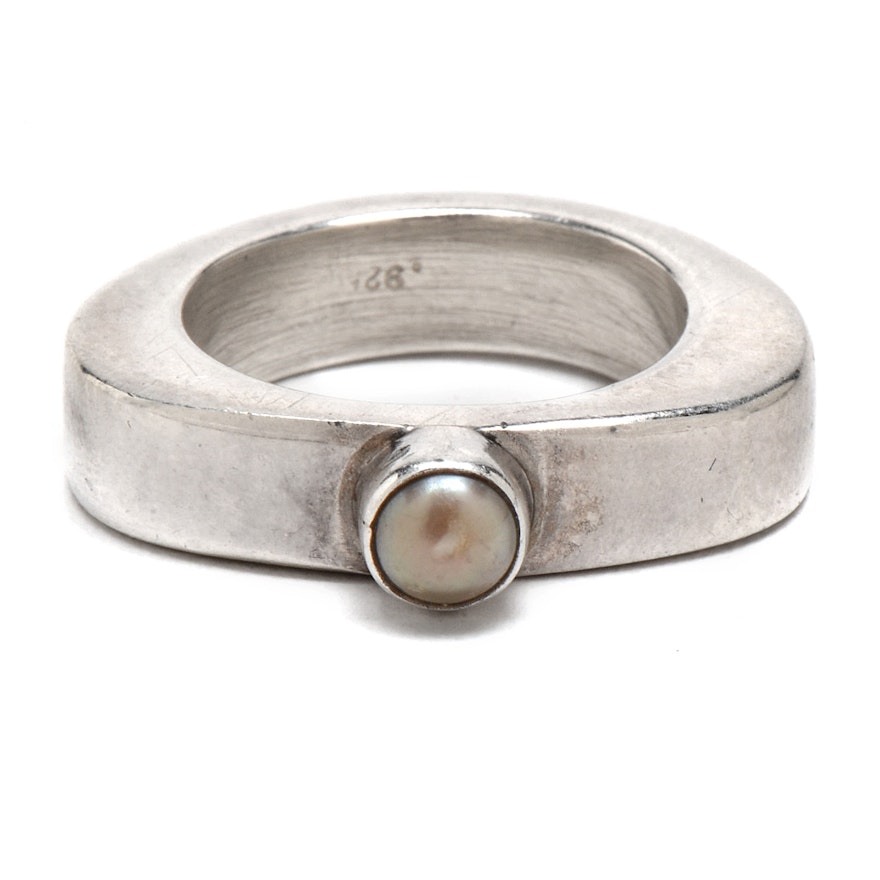 Sterling Silver Cultured Pearl Modernist Ring