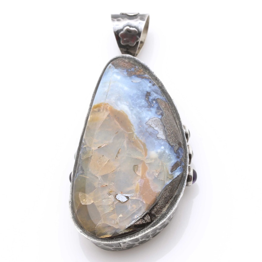 Sterling Silver Common Boulder Opal, Amethyst, Aventurine and Garnet Pendant