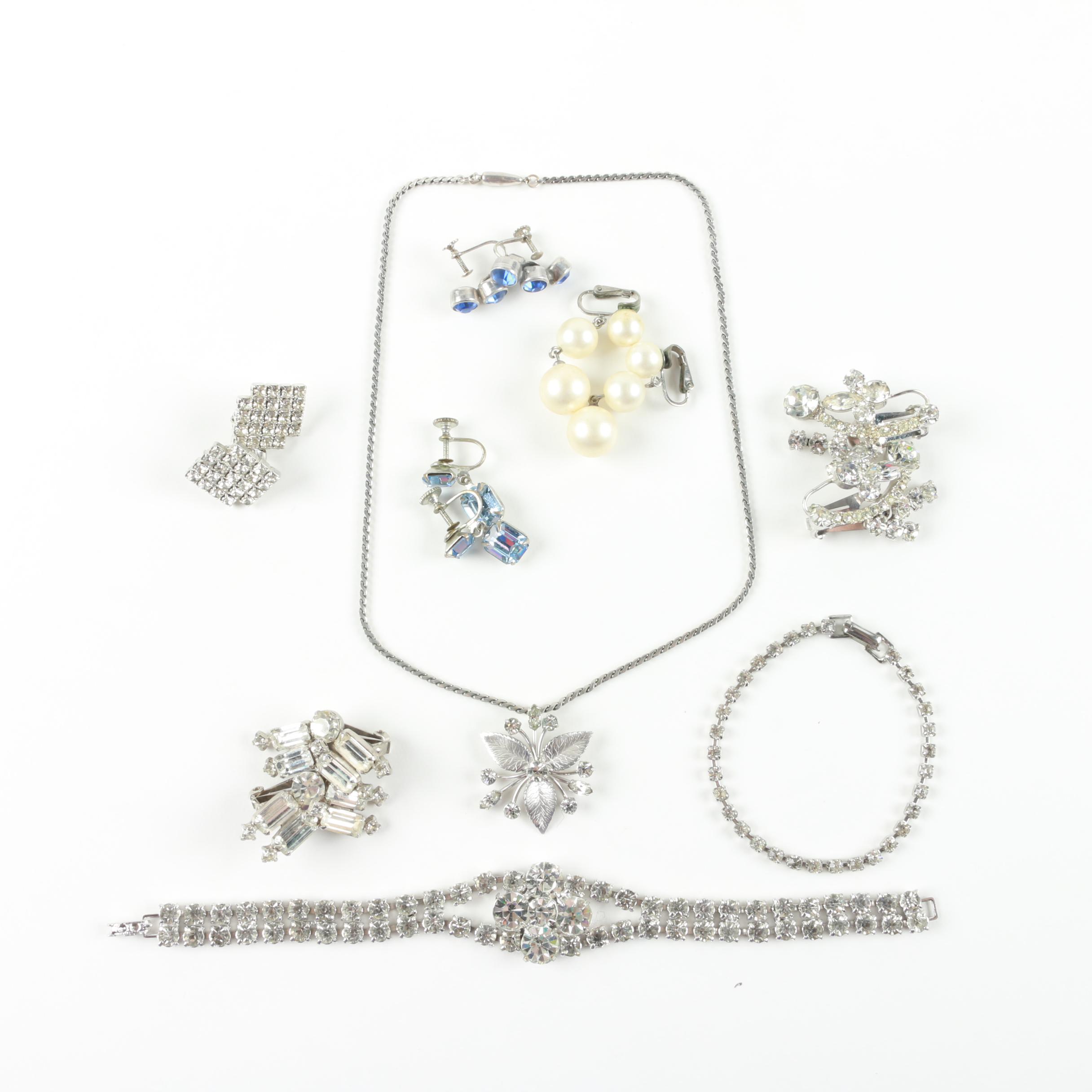 Rhinestone Costume Jewelry Including Faux Pearls