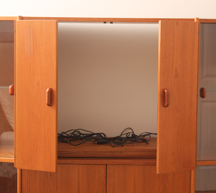 Vintage Danish Modern Teak Veneer and Glass TV Credenza