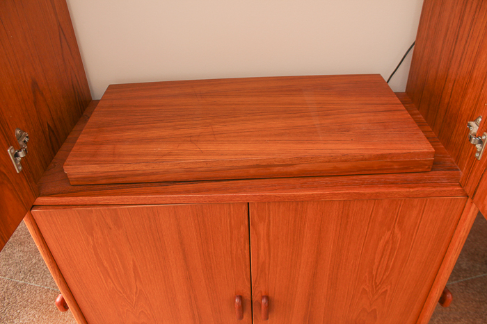 Vintage Danish Modern Teak Veneer and Glass TV Credenza