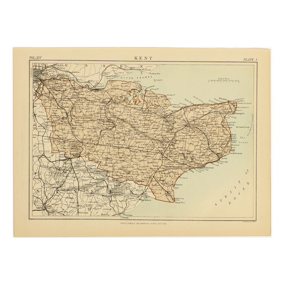 Antique Map of Kent, England by John Bartholomew, Jr.