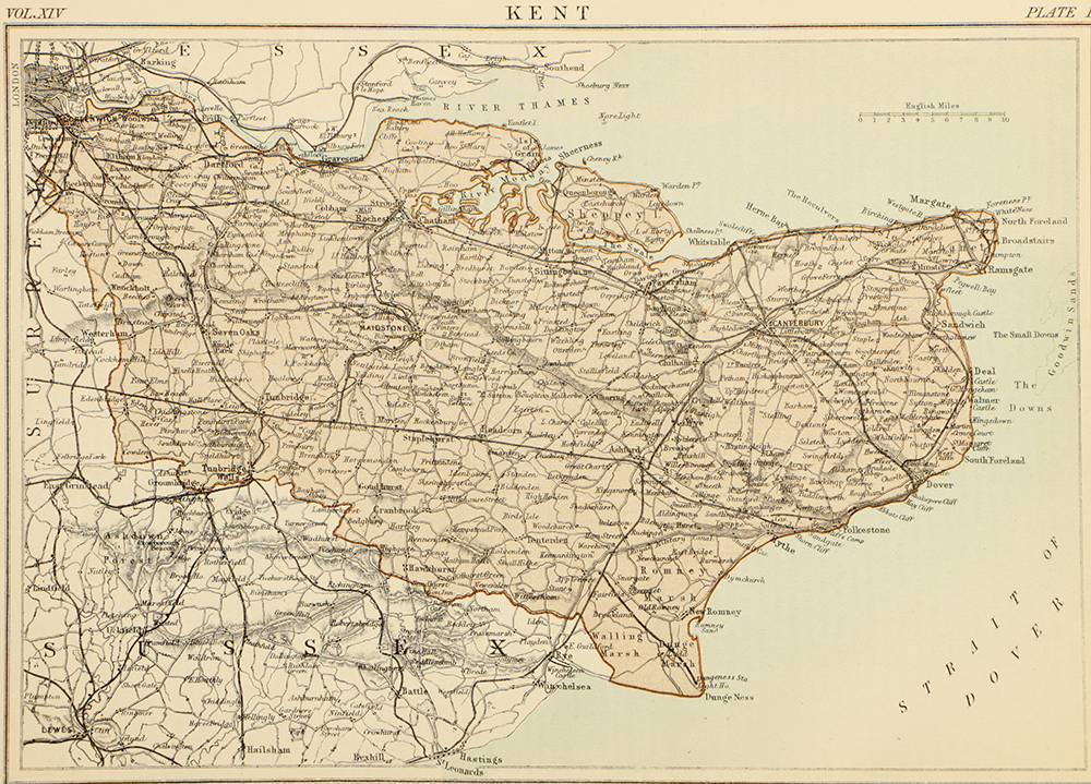 Antique Map of Kent, England by John Bartholomew, Jr.