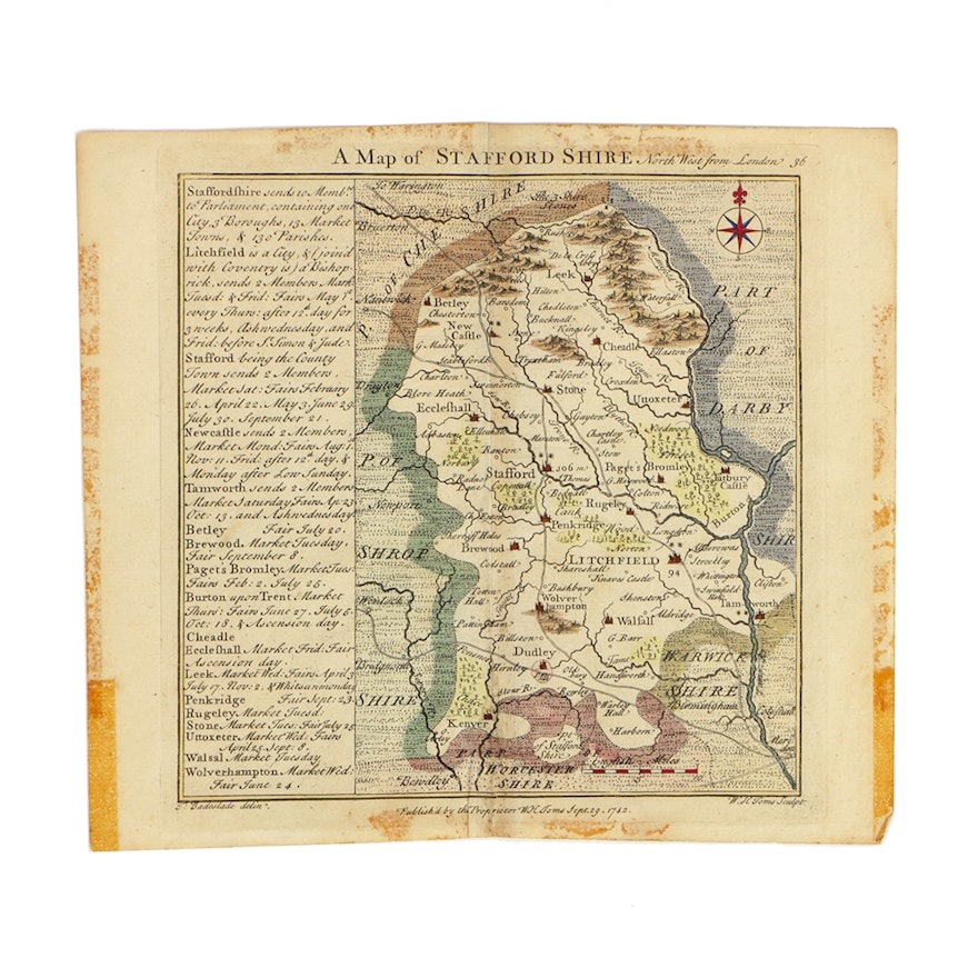 18th Century Hand-Colored Engraved Map of Staffordshire, England