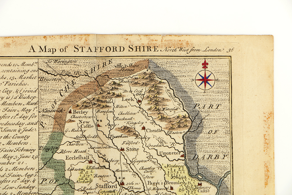 18th Century Hand-Colored Engraved Map of Staffordshire, England
