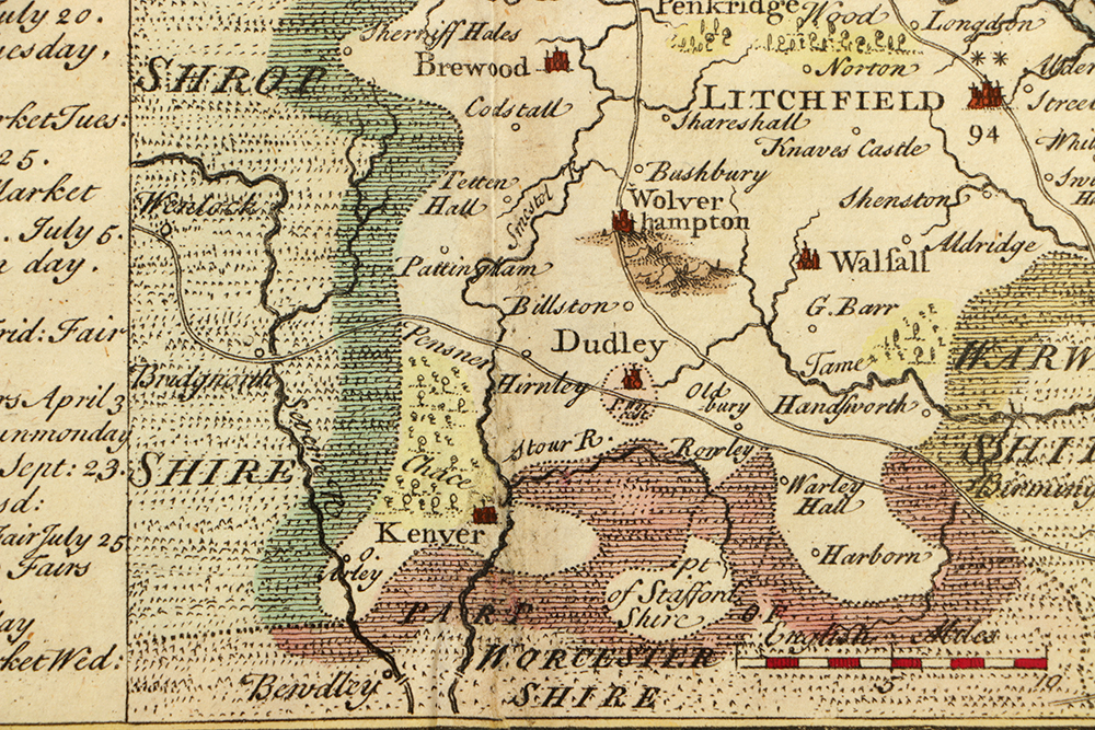 18th Century Hand-Colored Engraved Map of Staffordshire, England