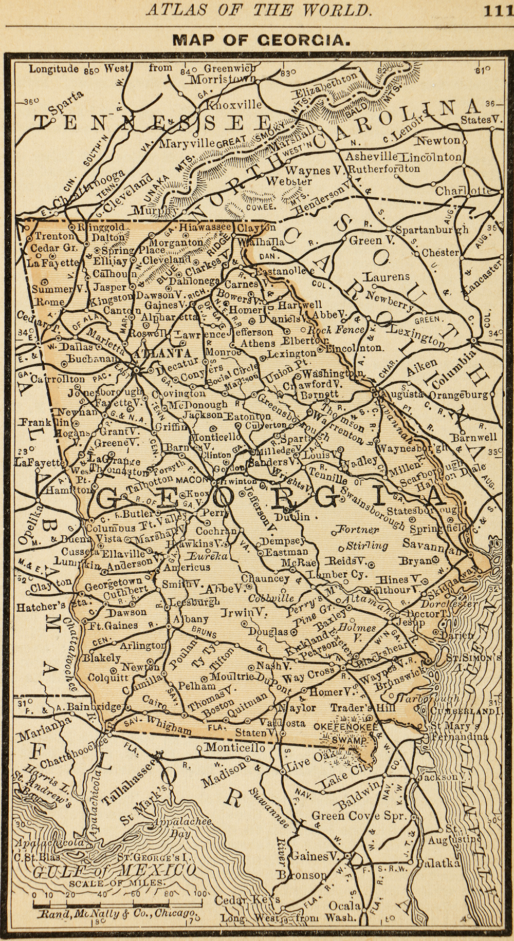 Antique Colored Map of Georgia by Rand, McNally & Company