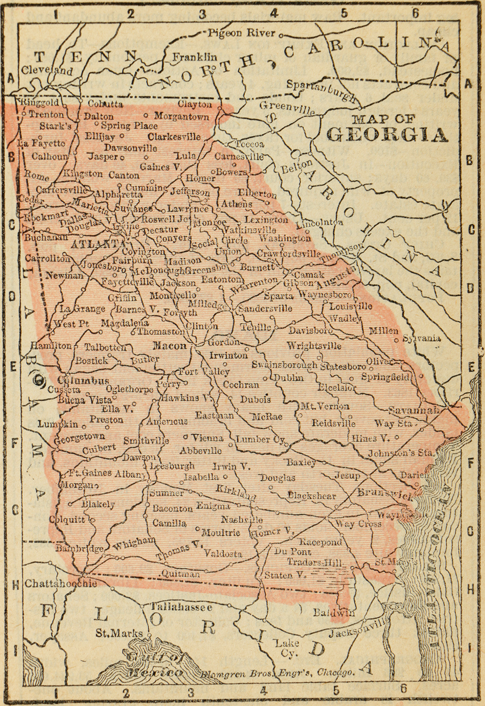 Antique Colored Map of Georgia by Blomgren Brothers Engravers