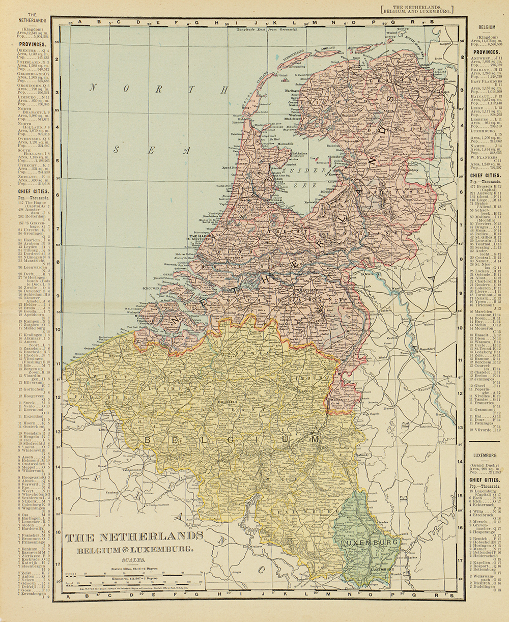 Antique Colored Map of The Netherlands by Rand, McNally & Company