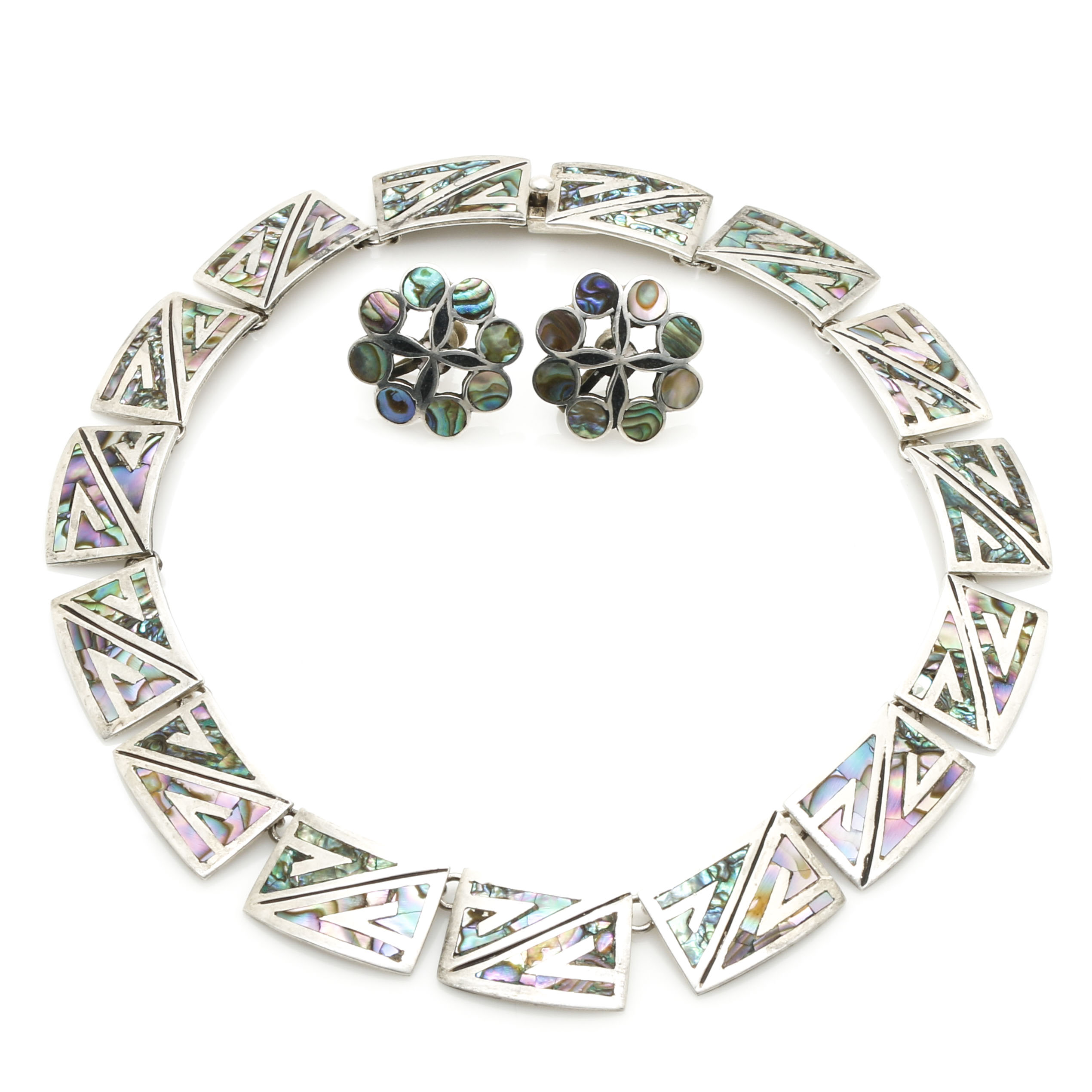 Vintage Mexican Miguel Alonzo Sterling Silver Abalone Necklace With A. Garcia Sterling Silver Abalone Earrings