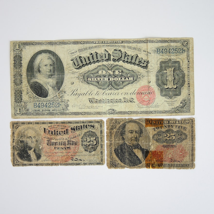 One Dollar 1886 Silver Certificate and Fractional Currency Notes