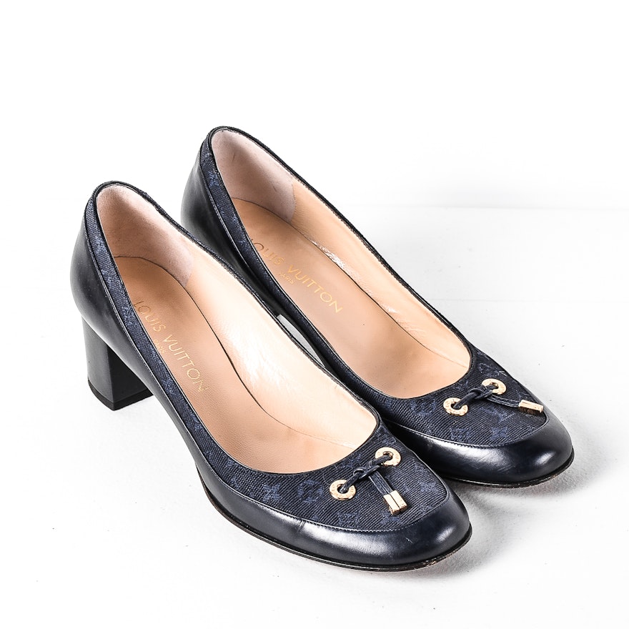 Louis Vuitton Navy Leather and Denim Logo Pumps