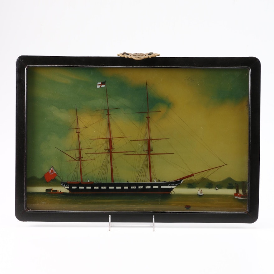 Gouache Reverse Painting on Glass of Maritime Scene