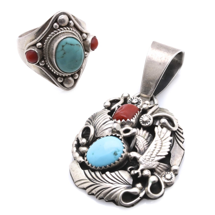 Native American Style Sterling Turquoise and Coral Jewelry