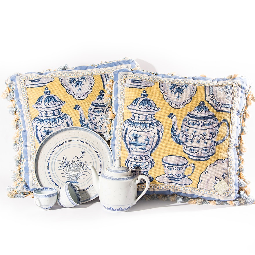 Needlepoint Pillows and Fine China Tea Set