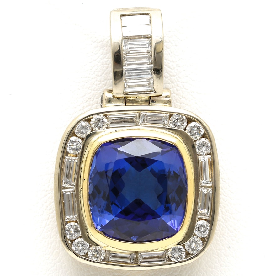 14K and 18K Two Toned Gold 9.07 CTS Tanzanite and 1.78 CTW Diamond Enhancer Pendant