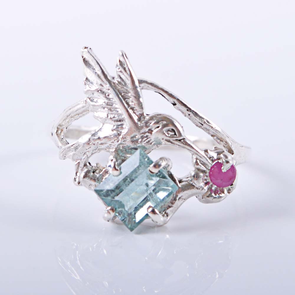 Sterling Silver Hummingbird Tourmaline and Ruby Ring